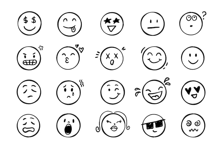 Vector el icono de la cara emoji doodle establece caras con diferentes estados de ánimo emocionales dibujados a mano en el vector de estilo de boceto cómico