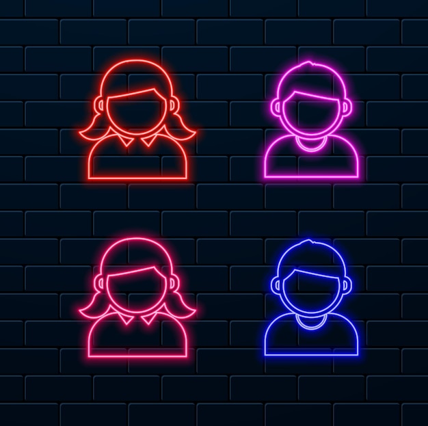 El icono de la cara de la mujer en la gente de estilo plano, el rostro del hombre de estilo neón, el icono del avatar de los niños, el estudiante, el estudiante Ava.