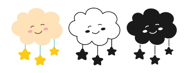 Icono de cara sonriente en la nube estilo de dibujos animados lindo conjunto cómico elemento de clima simple signo de símbolo para guardería