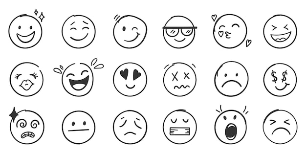 Vector icono de caras de emojis en estilo dibujado a mano emoticonos de doddle ilustración vectorial sobre fondo aislado concepto de negocio de signo de cara feliz y triste