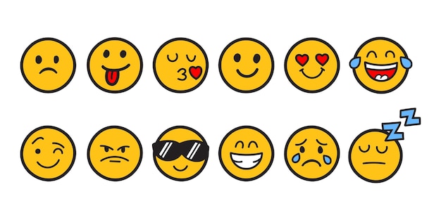 Icono de caras de emojis en estilo dibujado a mano Emoticonos de Doddle ilustración vectorial sobre fondo aislado Concepto de negocio de signo de cara feliz y triste