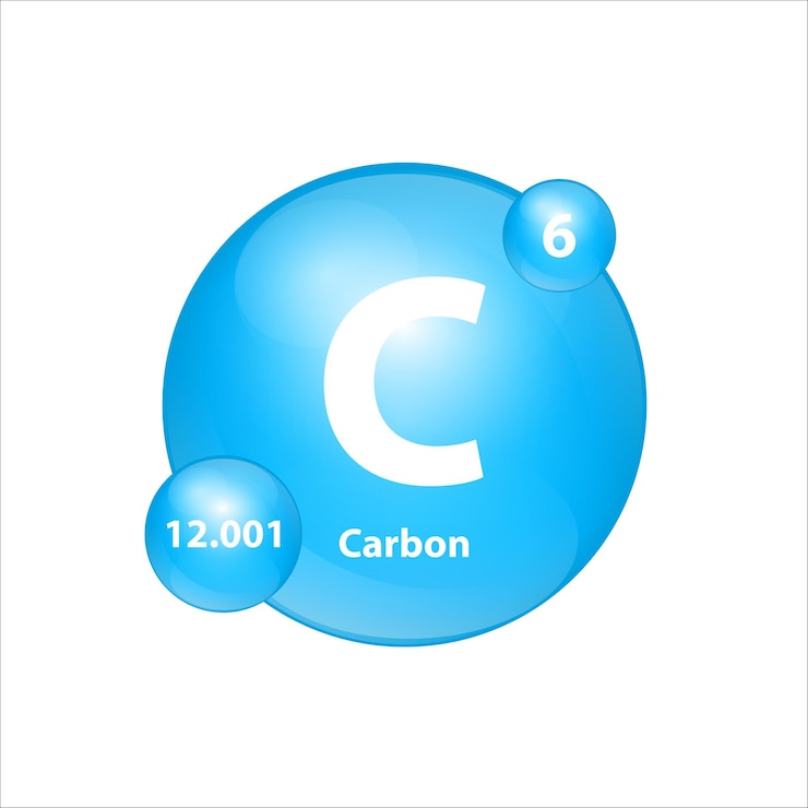 Vector icono de carbono (c) estructura elemento químico forma redonda círculo azul claro. ciencia para la educación.