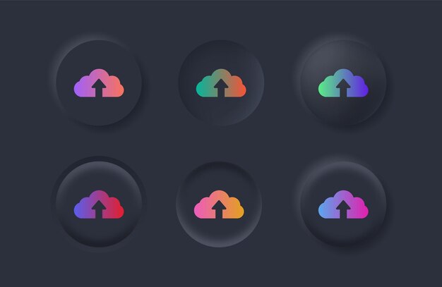 Icono de carga de neumorfismo, símbolo de archivos de copia de seguridad en la nube con colores degradados en botones neumorficos negros