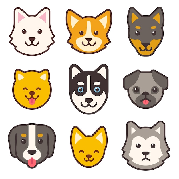 El icono de caricaturas de rostros de perros se establece en un estilo vectorial plano simple