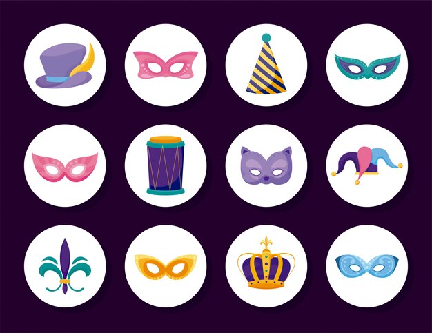 Icono de carnaval de carnaval aislado dentro de círculos