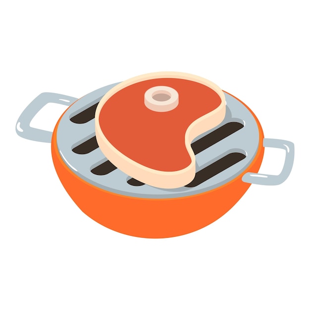 Icono de carne a la parrilla vector isométrico Gran trozo de carne en parrilla redonda Asar comida barbacoa