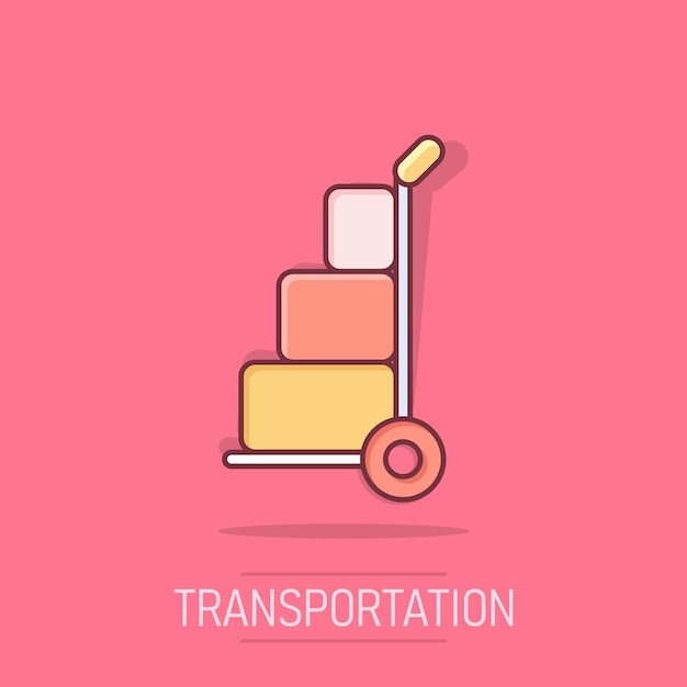 Icono de carrito de carga en estilo cómico Ilustración vectorial de dibujos animados de caja de entrega en un fondo aislado Concepto de negocio de efecto salpicadura de envío de caja