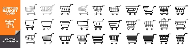 Icono del carrito de compras aislado en carrito transparente y cesta de comestibles Icono del carro de compras establecido de estilo plano y de línea para comercio electrónico y minorista