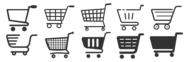 Icono del carrito de compras aislado en carrito transparente y cesta de comestibles Icono del carro de compras establecido de estilo plano y de línea para comercio electrónico y minorista