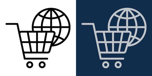 El icono del carrito de compras de comercio electrónico global, el símbolo del mercado en línea, el logotipo de la tienda digital, el vector de venta al por menor en Internet, el contorno en blanco y negro, el pictograma de la tienda web moderna, el trazo editable.