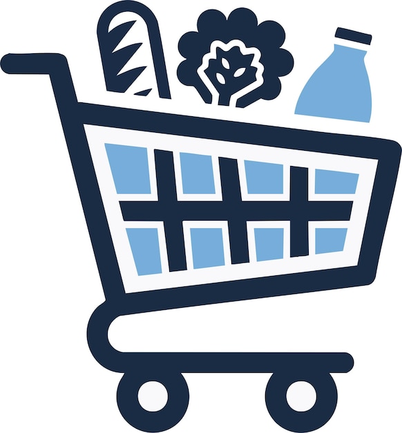 Icono del carrito de compras con comestibles pan verduras y leche