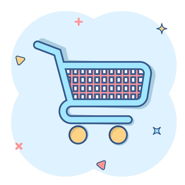Icono de carrito de compras en estilo cómic Ilustración de vector de dibujos animados de carro sobre fondo blanco aislado Concepto de negocio de efecto de salpicadura de cesta