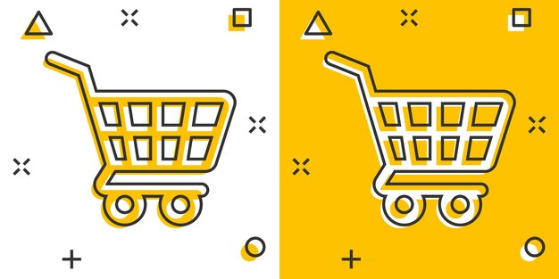 Icono de carrito de compras en estilo cómic Ilustración de vector de dibujos animados de carro sobre fondo blanco aislado Concepto de negocio de efecto de salpicadura de cesta