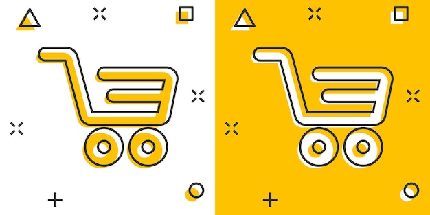 Icono de carrito de compras en estilo cómic ilustración de vector de dibujos animados de carro sobre fondo blanco aislado concepto de negocio de efecto de salpicadura de cesta