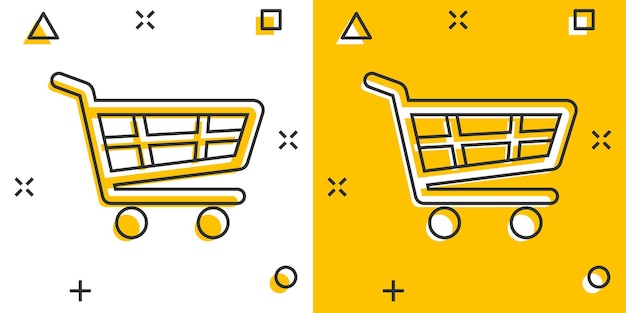 Icono de carrito de compras en estilo cómic ilustración de vector de dibujos animados de carro sobre fondo blanco aislado concepto de negocio de efecto de salpicadura de cesta