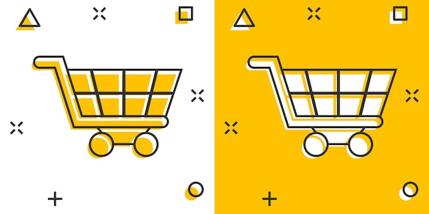 Icono de carrito de compras en estilo cómic Ilustración de vector de dibujos animados de carro sobre fondo blanco aislado Concepto de negocio de efecto de salpicadura de cesta