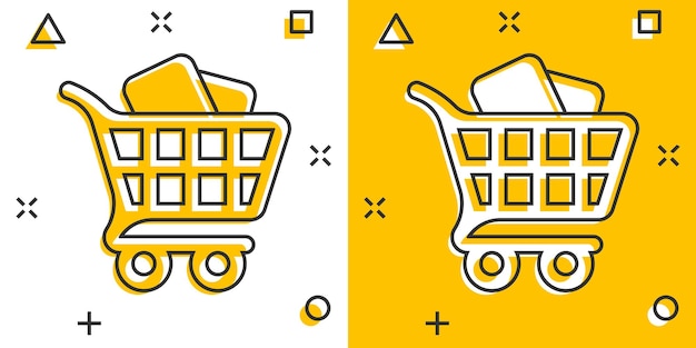Icono de carrito de compras en estilo cómic Ilustración de vector de dibujos animados de carro sobre fondo blanco aislado Concepto de negocio de efecto de salpicadura de cesta