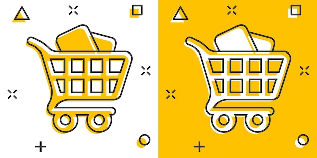 Icono de carrito de compras en estilo cómic ilustración de vector de dibujos animados de carro sobre fondo blanco aislado concepto de negocio de efecto de salpicadura de cesta