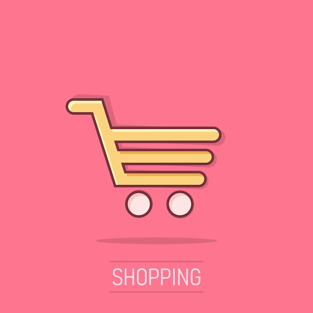 Icono del carrito de compras en estilo cómico Ilustración vectorial de dibujos animados de carrito en un fondo aislado Concepto de negocio de efecto salpicadura de la canasta