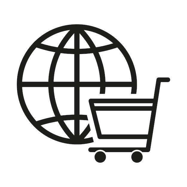 Ícono del carrito de compras del globo Símbolo de comercio global Vector de comercio internacional