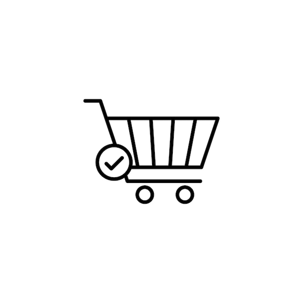 El icono del carrito de compras y la marca de comprobación se establece en el símbolo vectorial de la orden y la compra en línea en un estilo de confirmación de comercio electrónico de estilo negro lleno y delineado