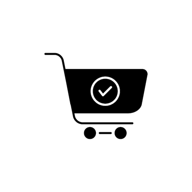 El icono del carrito de compras y la marca de comprobación se establece en el símbolo vectorial de la orden y la compra en línea en un estilo de confirmación de comercio electrónico de estilo negro lleno y delineado