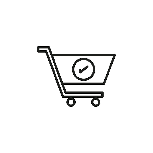 El icono del carrito de compras y la marca de comprobación La marca del símbolo en estilo Contorno