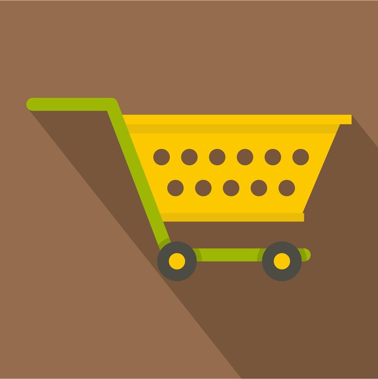 Vector icono de carrito de supermercado amarillo vacío ilustración plana de icono vectorial de carrito del supermercado blanco amarillo para la web aislado en fondo de café