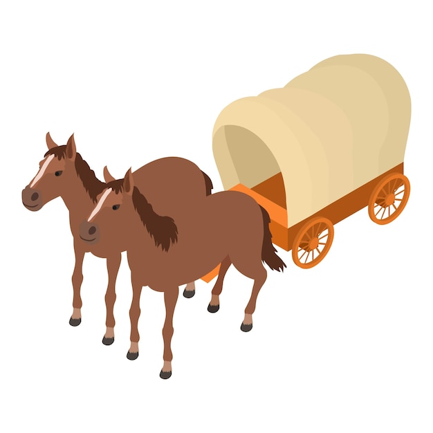 Vector icono de carro de época vector isométrico wild west cubierto carro de madera tirado por caballo wild west carruaje