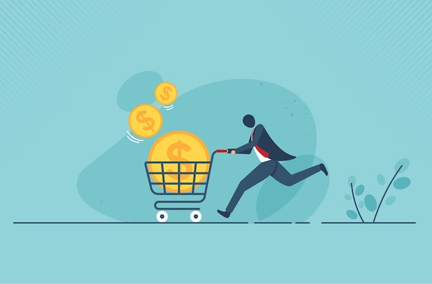 Icono de carro de supermercado plano con dinero de moneda de oro grande. Diseño de ilustración vectorial.