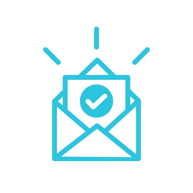 El icono de la carta de confirmación está aislado en un fondo blanco del conjunto de iconos azules
