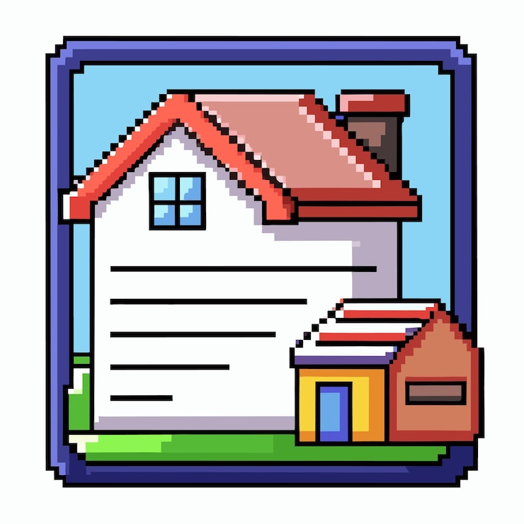 Vector icono de casa de arte retró de píxeles con certificado en fondo aislado