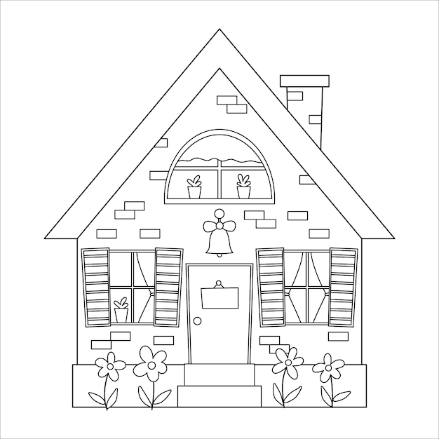 Icono de casa de campo en blanco y negro vectorial aislado en fondo blanco Ilustración de casa de campo de contorno Linda casa de ladrillo con cortinas de ventanas de placa de timbre xA
