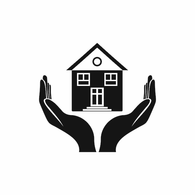 Icono de casa en manos en estilo simple sobre un fondo blanco