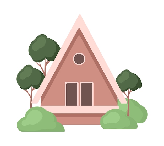 Icono de casa pequeña con árboles Edificio rosa Ilustración de dibujos animados lindo Arbustos verdes Vector Tarjeta plana