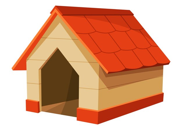 El icono de la casa del perro de dibujos animados, el accesorio para mascotas de la tienda de mascotas, el artículo del supermercado, la casa de mascota vacía con techo para