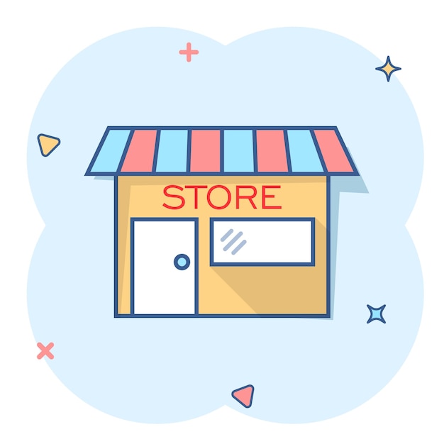 Icono de casa de tienda de dibujos animados de vector en estilo cómic Pictograma de ilustración de signo de tienda Concepto de efecto de salpicadura de negocio de mercado de tienda