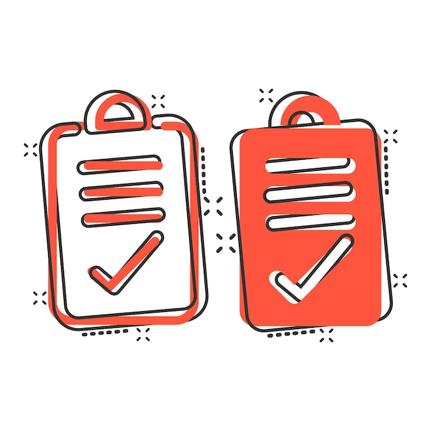 Icono de casilla de comprobación del documento en estilo cómico Ilustración vectorial de dibujos animados de prueba en fondo blanco aislado Concepto de negocio de efecto salpicaduras de contrato