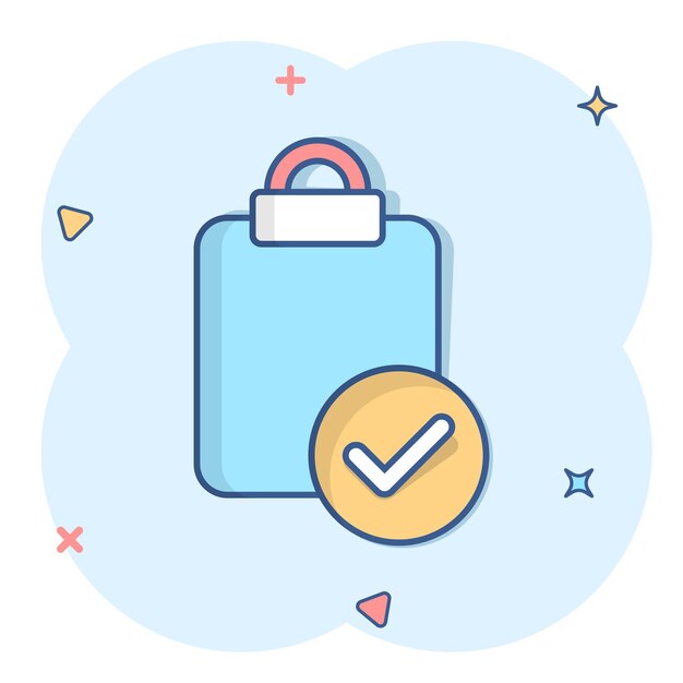 Icono de casilla de comprobación del documento en estilo cómico Ilustración vectorial de dibujos animados de prueba en fondo blanco aislado Concepto de negocio de efecto salpicaduras de contrato