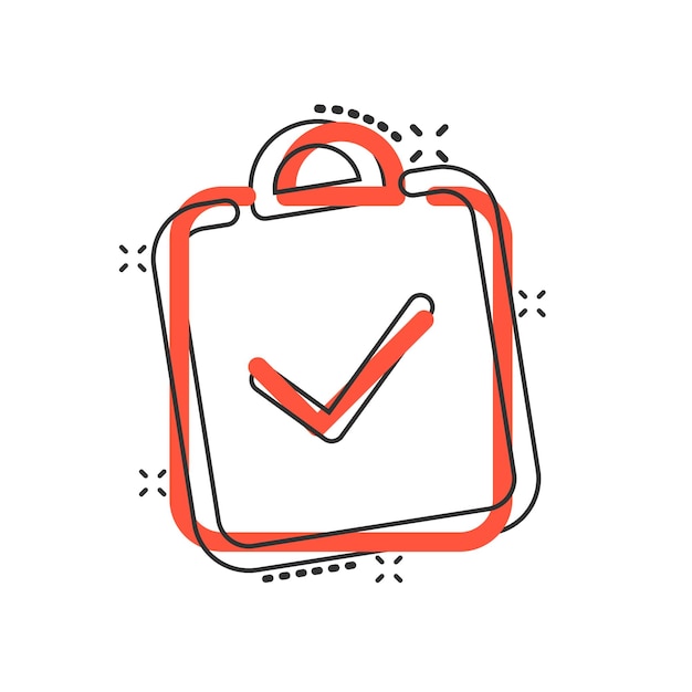 Icono de casilla de comprobación del documento en estilo cómico Ilustración vectorial de dibujos animados de prueba en fondo blanco aislado Concepto de negocio de efecto salpicaduras de contrato