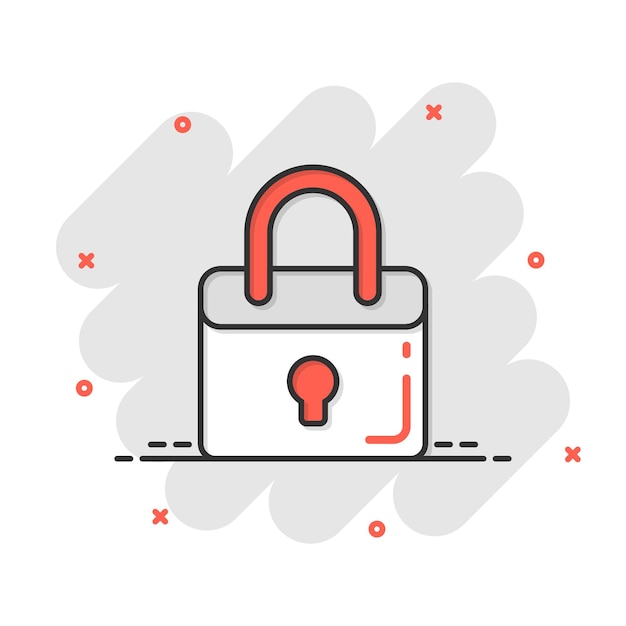 Icono de casillero en estilo cómico Contraseña de candado ilustración vectorial de dibujos animados sobre fondo blanco aislado Concepto de negocio de efecto de salpicadura de desbloqueo de llave