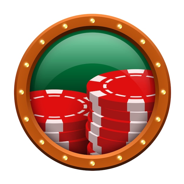 Icono del casino fichas rojas en un fondo redondo verde con un marco marrón y cuentas de oro