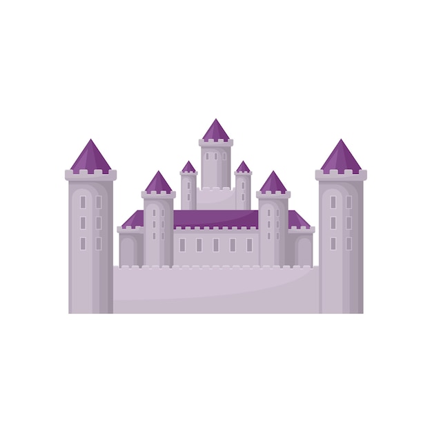 Icono de castillo de cuento de hadas con altas torres y techos cónicos púrpuras Edificio medieval Elemento gráfico para niños libro o juego móvil Diseño vectorial plano colorido aislado sobre fondo blanco