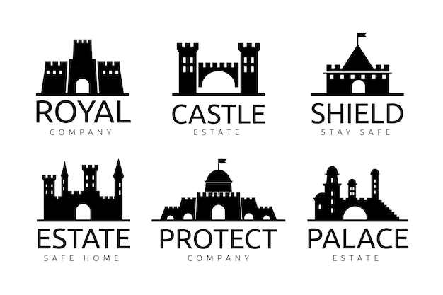 Icono del castillo Logotipo de la fortaleza Silueta de la fortaleza Edificio antiguo Fortaleza de contorno Construcción de la ciudadela de cuento de hadas antigua Emblema de la marca de la empresa Símbolo del palacio Conjunto de logotipo de dibujos animados vectoriales