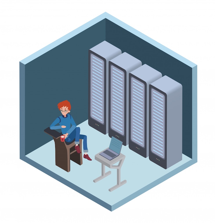 Vector icono del centro de datos, administrador del sistema. hombre sentado frente a la computadora en la sala de servidores. ilustración en proyección isométrica, sobre fondo blanco.