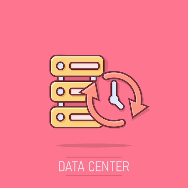 Icono de centro de datos en estilo cómico Ilustración de dibujos animados vectoriales de reloj en fondo blanco aislado Ver el efecto de salpicadura del concepto de negocio