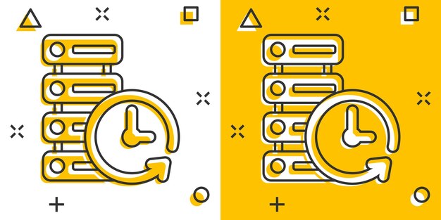 Icono de centro de datos en estilo cómico Ilustración de dibujos animados vectoriales de reloj en fondo blanco aislado Ver el efecto de salpicadura del concepto de negocio