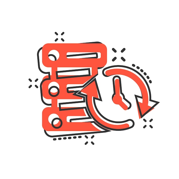 Icono de centro de datos en estilo cómico Ilustración de dibujos animados vectoriales de reloj en fondo blanco aislado Ver el efecto de salpicadura del concepto de negocio