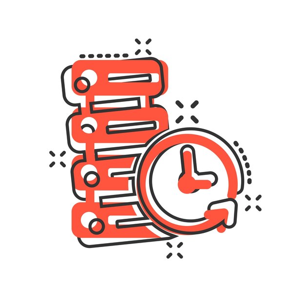 Icono de centro de datos en estilo cómico Ilustración de dibujos animados vectoriales de reloj en fondo blanco aislado Ver el efecto de salpicadura del concepto de negocio
