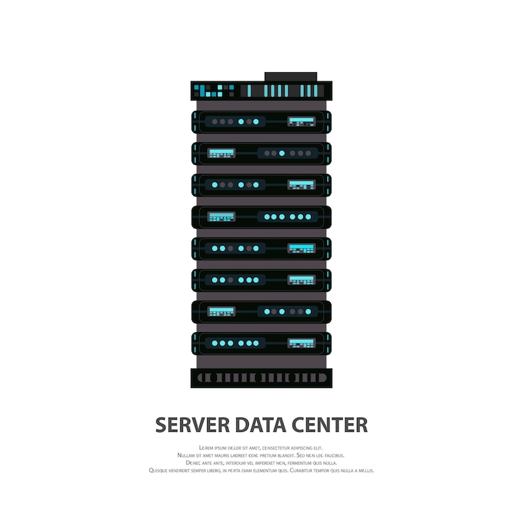 Vector ícono de centro de datos de servidor en estilo plano aislado en blanco estación de trabajo en la nube de rack de computadoras de grandes datos